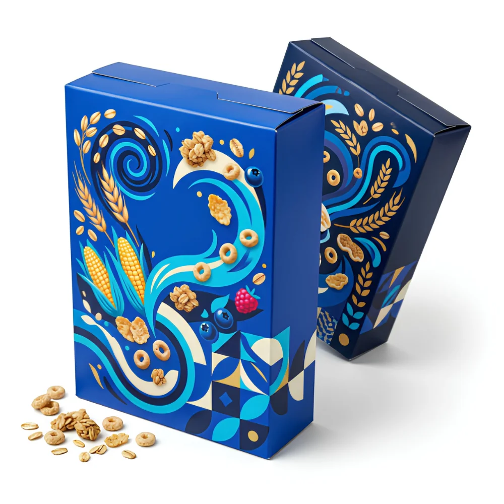 custom blue cereal box with logo