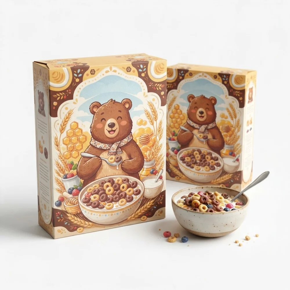 custom cereal with bear on box with logo