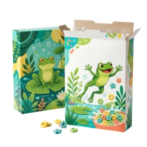 custom printed cereal with frog on box